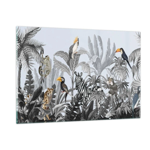 Impression sur verre - Image sur verre - Animaux exotiques dans une jungle en noir et blanc sur fond clair - 120x80cm - Conte de fées africain - Décoration murale moderne pour le salon et la chambre ARTTOR