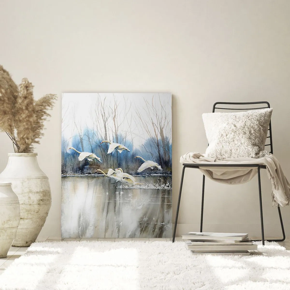 Impression sur verre - Image sur verre - Cygnes en vol au-dessus d'un lac gelé dans un paysage hivernal - 70x100cm - Comme dans un conte de fées sur les cygnes sauvages - Décoration murale moderne pour le salon et la chambre ARTTOR