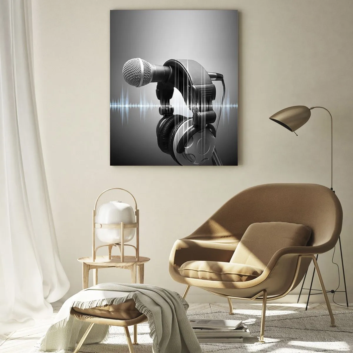 Impression sur verre - Image sur verre - Microphone avec casque sur fond d'ondes sonores - 50x70cm - Vous pouvez encore entendre son chant - Décoration murale moderne pour le salon et la chambre ARTTOR