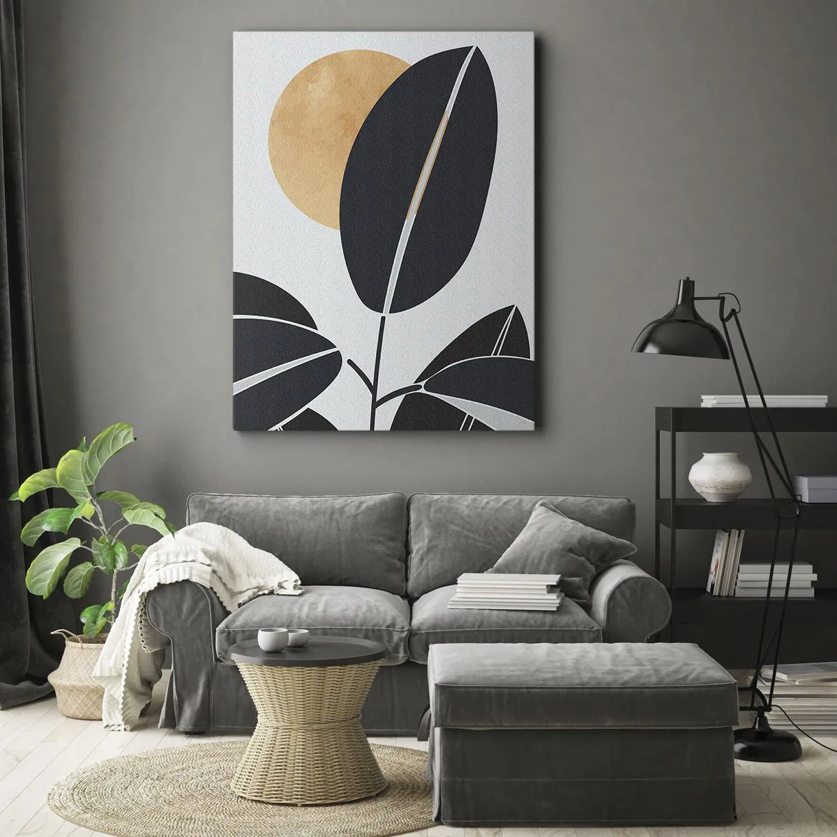 Impression sur toile - Image sur toile - Un motif de feuille minimaliste avec un soleil brillant en arrière-plan. - 70x100cm - Une chaude journée d'été - Décoration murale moderne pour le salon et la chambre ARTTOR
