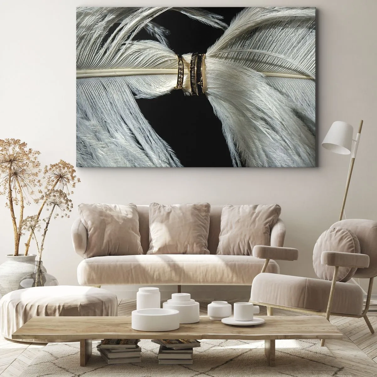 Impression sur toile - Image sur toile - Une plume blanche avec deux anneaux d'or sur fond noir - 100x70cm - ... et je ne te laisserai pas ... - Décoration murale moderne pour le salon et la chambre ARTTOR