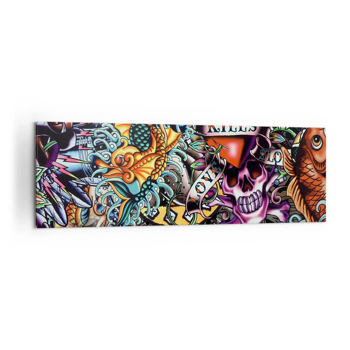 Impression sur toile - Image sur toile - Œuvre d'art colorée de style tatouage avec des crânes et des motifs nautiques - 160x50cm - Le rêve du tatoueur - Décoration murale moderne pour le salon et la chambre ARTTOR