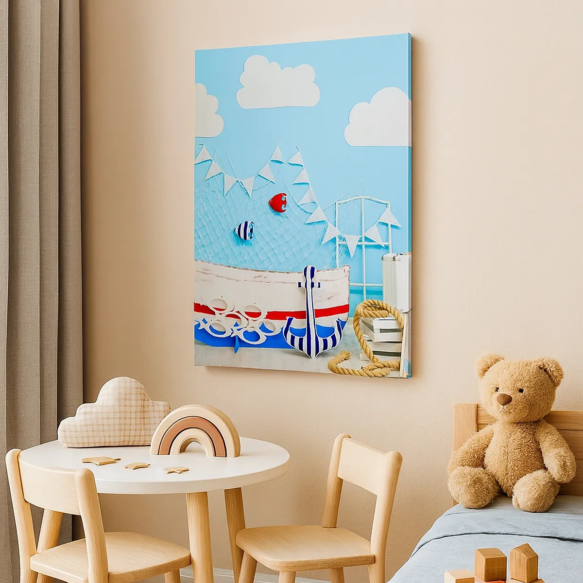 Impression sur toile - Image sur toile - Décoration nautique avec un bateau et des accessoires sur fond bleu - 50x70cm - Nostalgie infantile de l'aventure - Décoration murale moderne pour le salon et la chambre ARTTOR