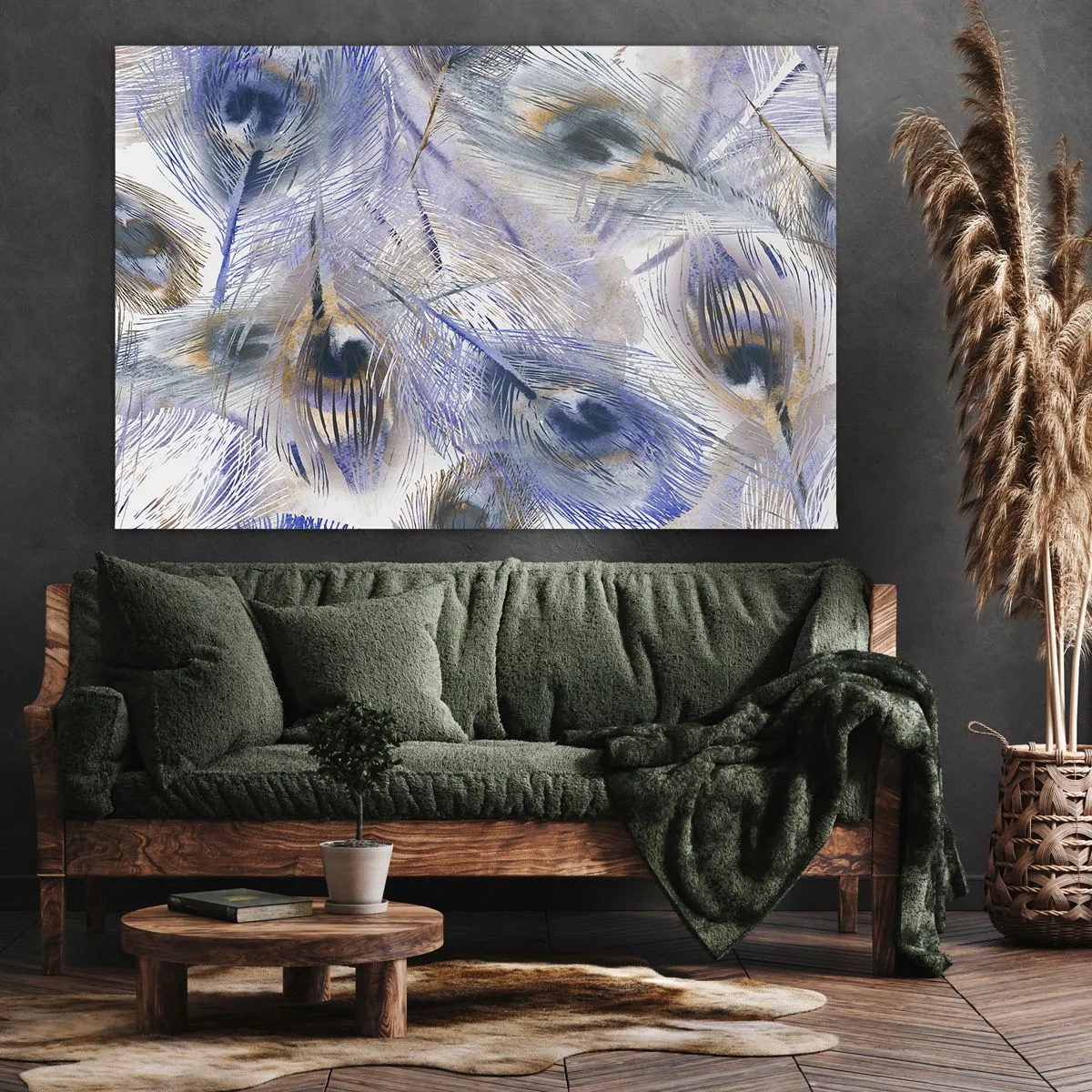 Impression sur toile - Image sur toile - Un motif avec des plumes de paon dans des tons de bleu et d'or - 100x70cm - Composition de paon - Décoration murale moderne pour le salon et la chambre ARTTOR