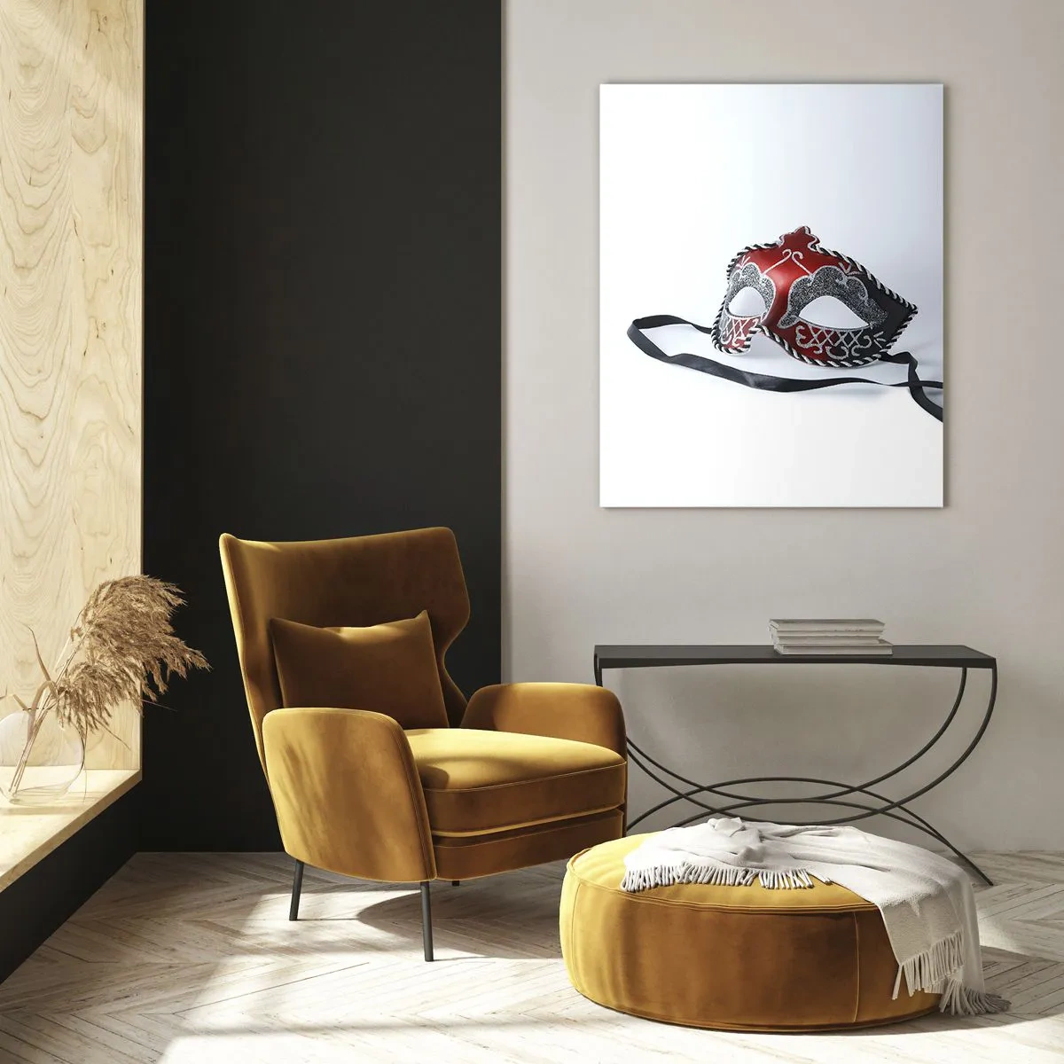 Impression sur verre - Image sur verre - Masque de carnaval rouge sur fond clair - 80x120cm - Invitation au bal - Décoration murale moderne pour le salon et la chambre ARTTOR