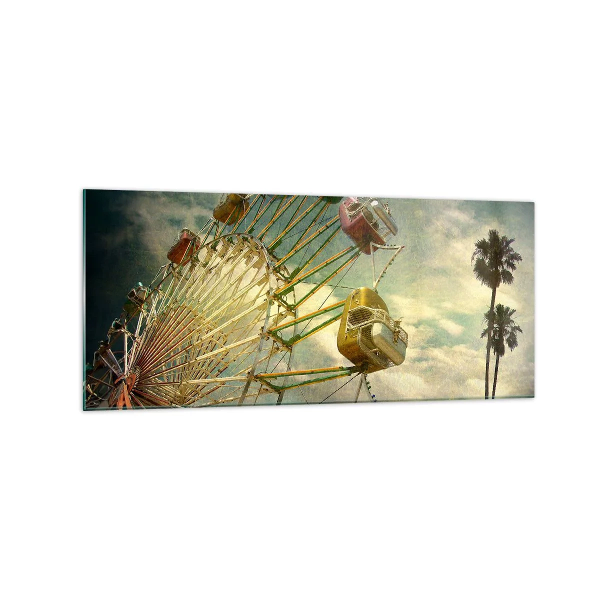 Impression sur verre - Image sur verre - Photo rétro d'une grande roue avec des palmiers contre le ciel - 120x50cm - On va faire la fête - Décoration murale moderne pour le salon et la chambre ARTTOR