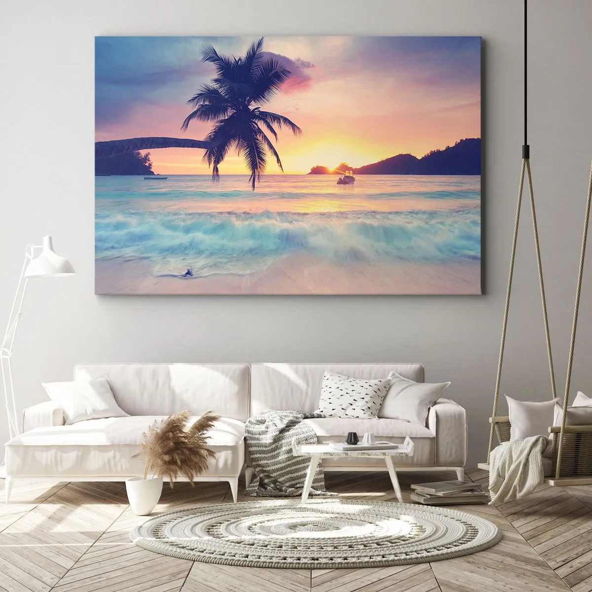 Impression sur toile - Image sur toile - Plage avec un palmier et un coucher de soleil sur l'océan - 70x50cm - Une soirée à la baie - Décoration murale moderne pour le salon et la chambre ARTTOR