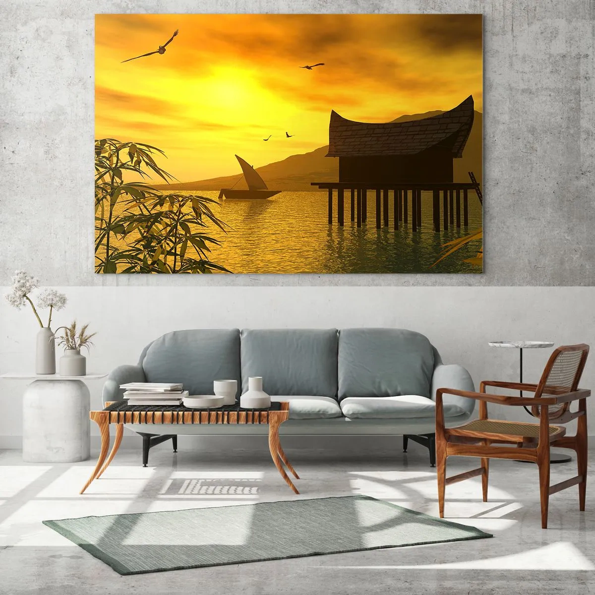 Impression sur verre - Image sur verre - Coucher de soleil sur le lac avec une maison sur pilotis - 70x50cm - La paix tant désirée - Décoration murale moderne pour le salon et la chambre ARTTOR