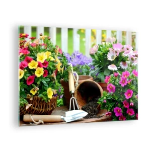 Impression sur verre - Image sur verre - Fleurs colorées dans des pots avec des outils de jardinage - 70x50cm - Le jardin de Zosia - Décoration murale moderne pour le salon et la chambre ARTTOR
