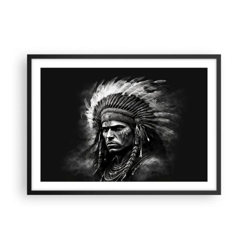 Affiche dans un cadre noir - Poster - Portrait d'un chef portant une coiffe à plumes sur fond noir - 70x50cm - Un leader et un guerrier - Décoration murale moderne pour le salon et la chambre ARTTOR