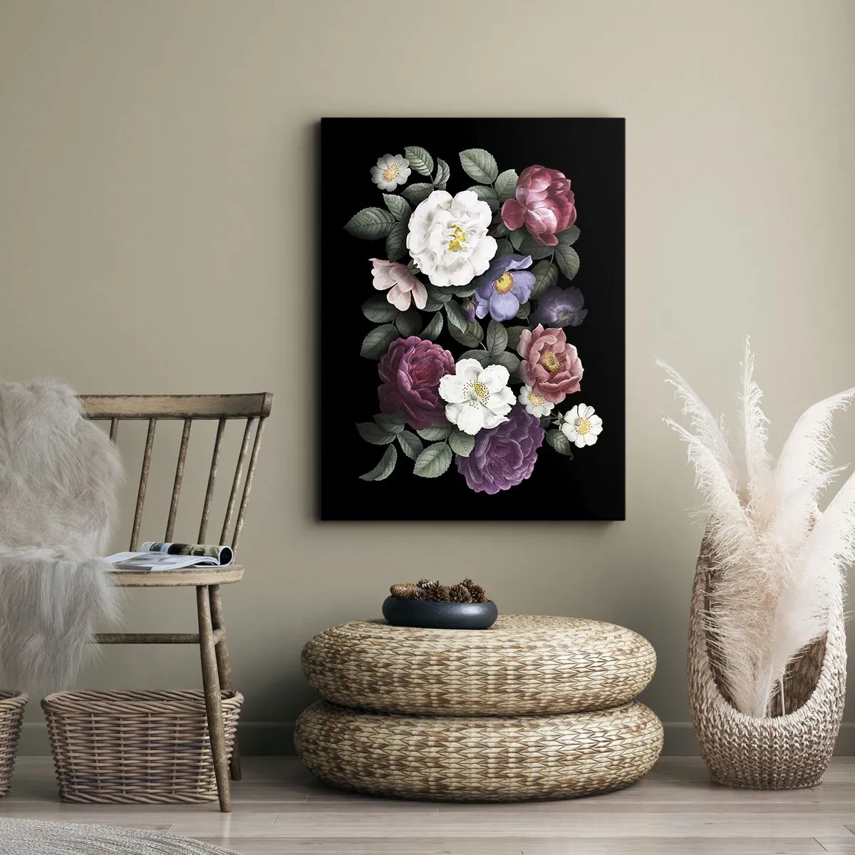 Impression sur toile - Image sur toile - Fleurs de différentes couleurs sur fond noir - 70x100cm - D'un jardin anglais - Décoration murale moderne pour le salon et la chambre ARTTOR