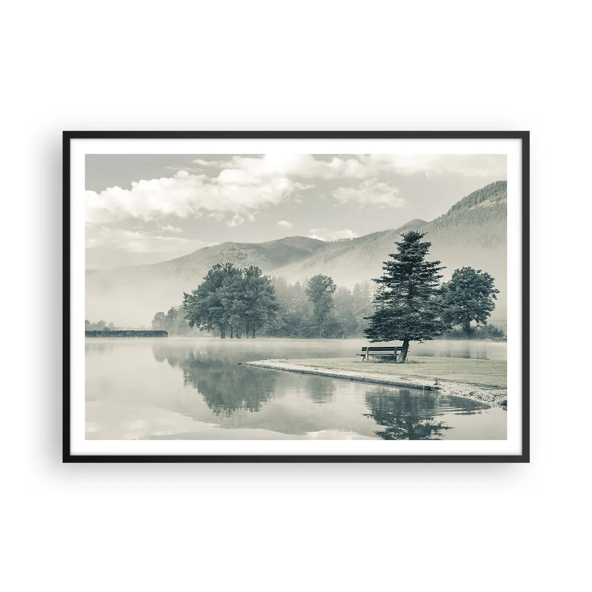 Affiche dans un cadre noir - Poster - Un lac pittoresque avec un banc et du brouillard en arrière-plan - 100x70cm - Le lac dort encore - Décoration murale moderne pour le salon et la chambre ARTTOR