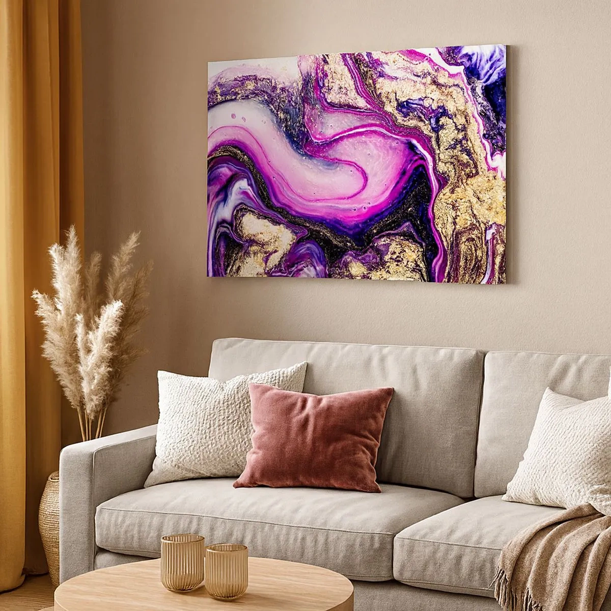 Impression sur toile - Image sur toile - Vagues abstraites dans des tons violets et dorés - 70x50cm - Un instant dans les coulisses - Décoration murale moderne pour le salon et la chambre ARTTOR