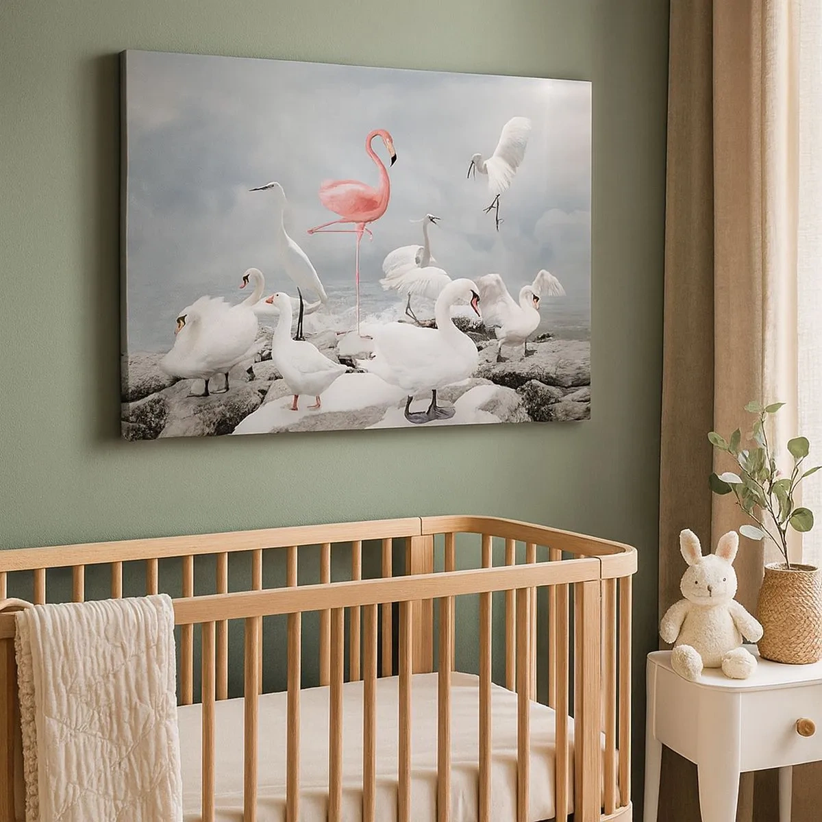 Impression sur toile - Image sur toile - Un flamant rose parmi des cygnes blancs sur fond de lac - 70x50cm - Comment suis-je arrivé là? - Décoration murale moderne pour le salon et la chambre ARTTOR