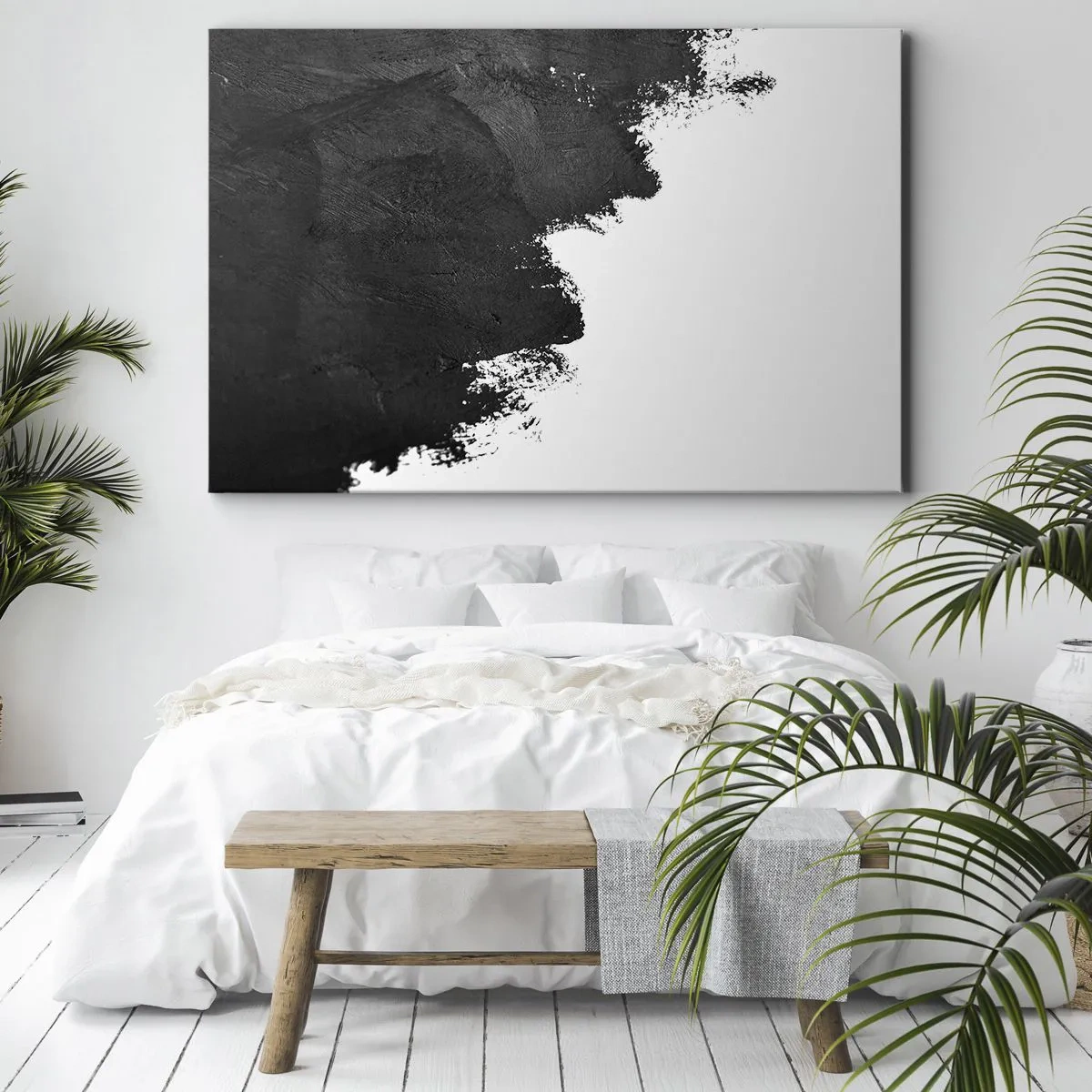 Impression sur toile - Image sur toile - Abstraction en noir et blanc avec des coups de pinceau contrastés - 100x70cm - Éléments : terre - Décoration murale moderne pour le salon et la chambre ARTTOR