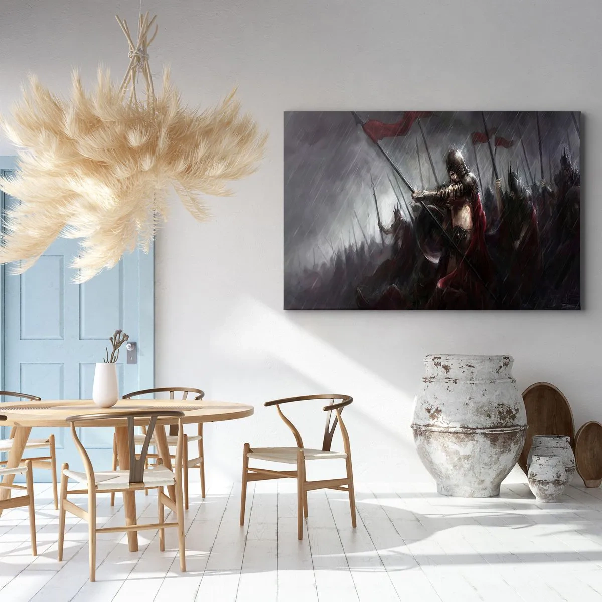 Impression sur toile - Image sur toile - Chevaliers marchant vers le champ de bataille sous la pluie - 100x70cm - Passant, dis à Sparte… - Décoration murale moderne pour le salon et la chambre ARTTOR