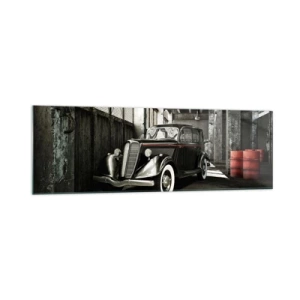 Impression sur verre - Image sur verre - Voiture rétro élégante dans un entrepôt brut - 160x50cm - L'élégance éternelle des années 30 - Décoration murale moderne pour le salon et la chambre ARTTOR