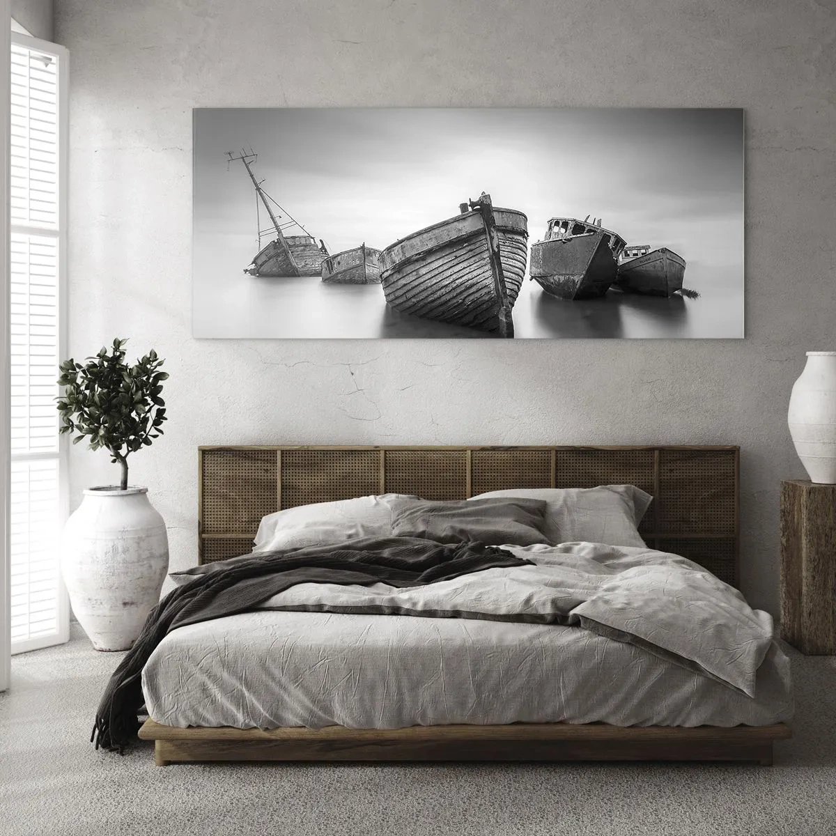 Impression sur verre - Image sur verre - Bateaux abandonnés sur une eau calme - 120x50cm - Cùest déjà un souvenir... - Décoration murale moderne pour le salon et la chambre ARTTOR