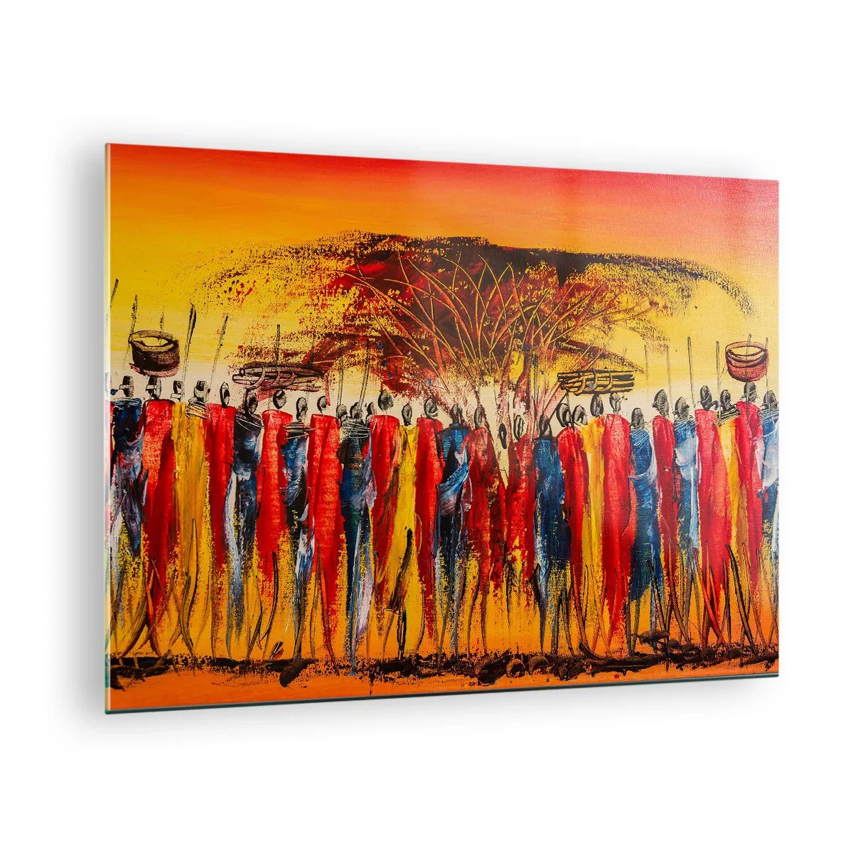 Impression sur verre - Image sur verre - Une scène colorée avec des gens en costumes traditionnels africains - 70x50cm - Là-bas, là-bas, ils vont là-bas - Décoration murale moderne pour le salon et la chambre ARTTOR