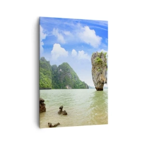 Impression sur toile - Image sur toile - Une formation rocheuse exotique entourée d'eau et de verdure sous un ciel bleu. - 70x100cm - Merveilles rocheuses de la nature - Décoration murale moderne pour le salon et la chambre ARTTOR