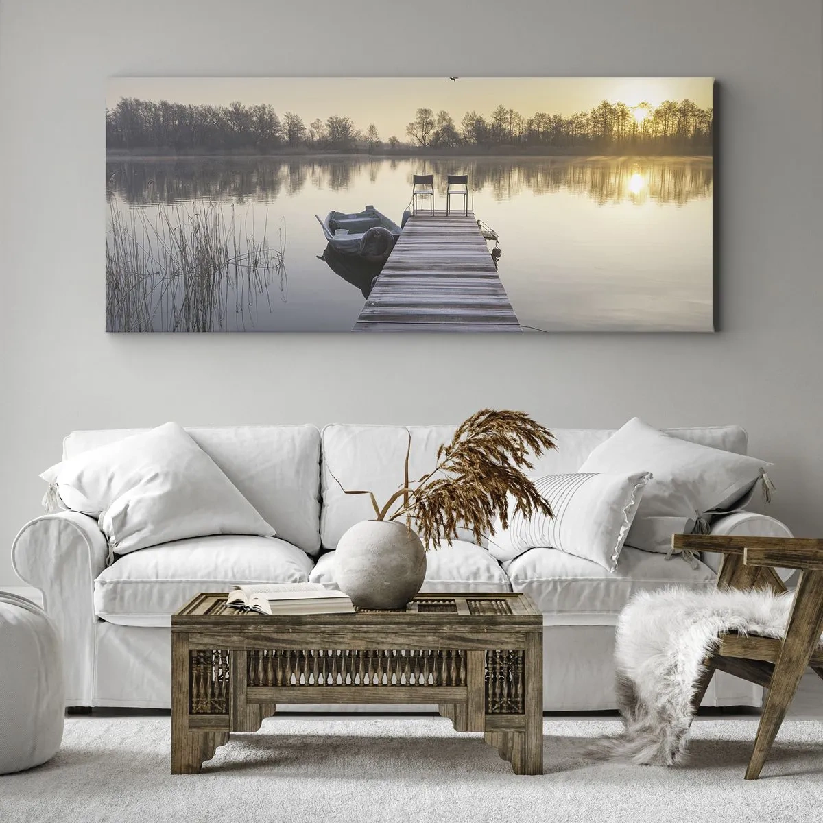 Impression sur toile - Image sur toile - Une jetée au bord du lac le matin avec un bateau et des chaises - 120x50cm - Je reviendrai - Décoration murale moderne pour le salon et la chambre ARTTOR