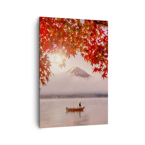 Impression sur toile - Image sur toile - Un bateau sur un lac entouré de feuilles d'érable rouges - 70x100cm - Dans le climat japonais - Décoration murale moderne pour le salon et la chambre ARTTOR