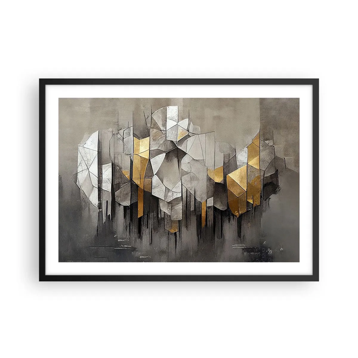 Affiche dans un cadre noir - Poster - Abstraction géométrique dans les tons d'or et de gris - 70x50cm - Composition de glace et de lumière - Décoration murale moderne pour le salon et la chambre ARTTOR