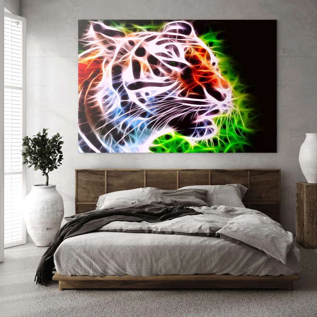 Impression sur verre - Image sur verre - Un tigre aux couleurs néon et lumineuses - 100x70cm - L'aura dangereux - Décoration murale moderne pour le salon et la chambre ARTTOR