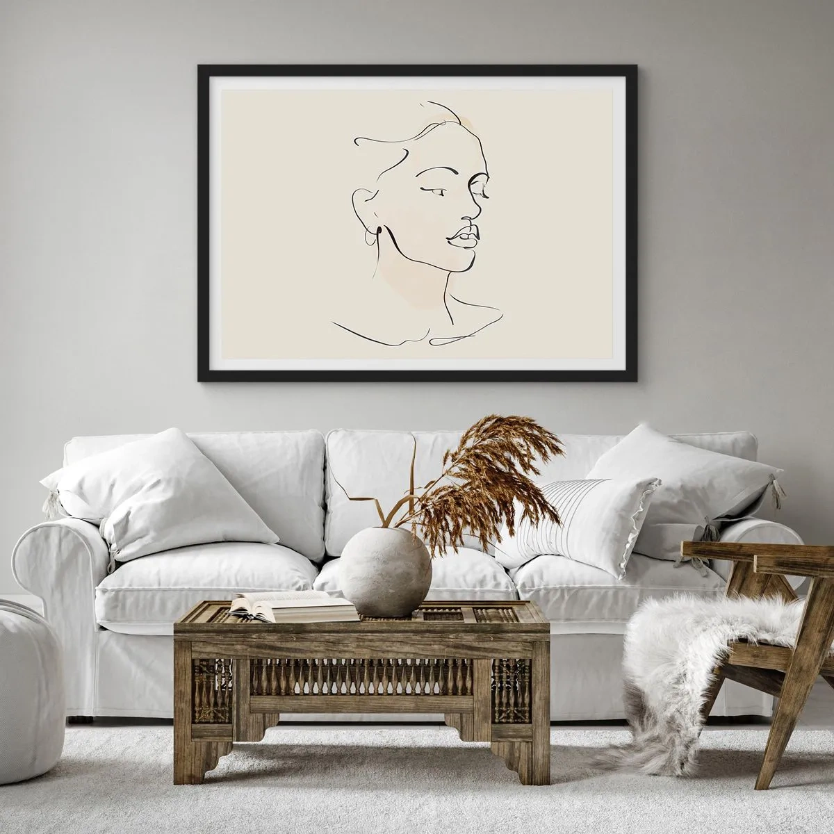 Affiche dans un cadre noir - Poster - Un croquis délicat du visage d'une femme sur un fond clair - 100x70cm - Une ligne certaine - Décoration murale moderne pour le salon et la chambre ARTTOR