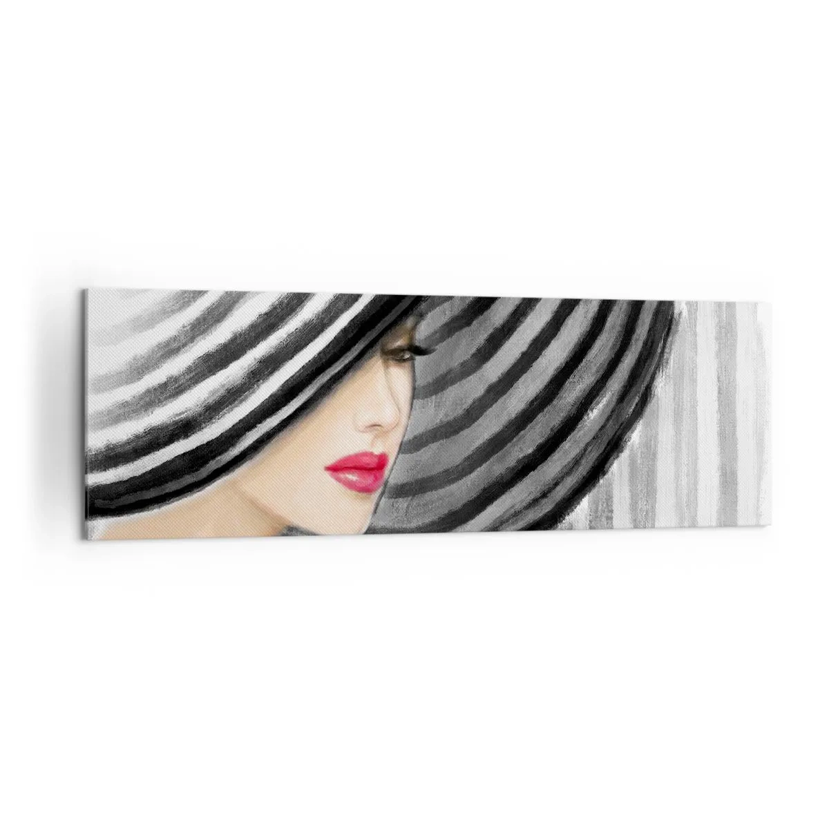 Impression sur toile - Image sur toile - Femme portant un chapeau noir et blanc avec une touche rouge - 160x50cm - Où te chercher ? - Décoration murale moderne pour le salon et la chambre ARTTOR