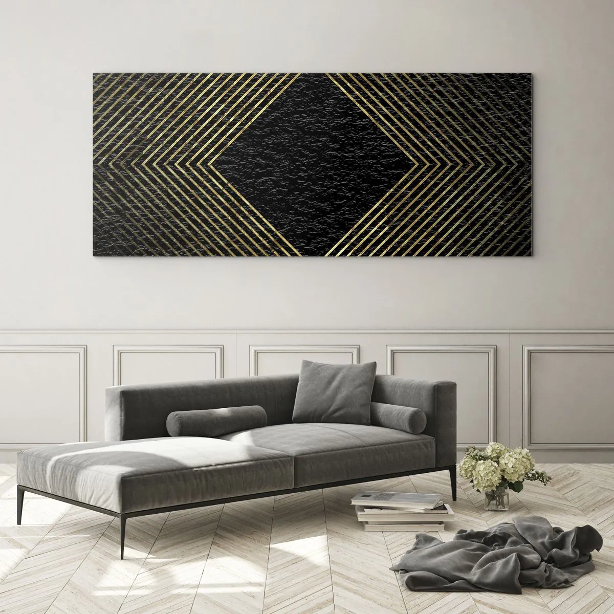 Impression sur verre - Image sur verre - Fond noir avec un motif géométrique de lignes dorées - 120x50cm - Géométrie dans un style glamour - Décoration murale moderne pour le salon et la chambre ARTTOR