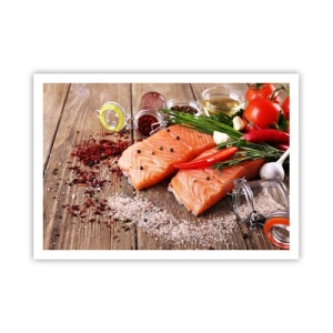 Affiche - Poster - Filets de saumon aux épices sur fond de bois - 100x70cm - Aventure norvégienne dans la cuisine - Décoration murale moderne pour le salon et la chambre ARTTOR