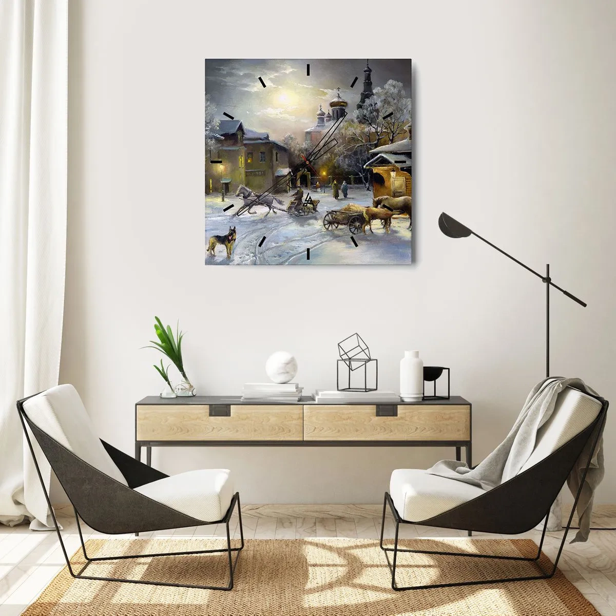Horloge murale - Pendule murale - Paysage d'hiver dans une ville russe avec un traîneau et une église - 30x30cm - La magie de l'hiver russe - Décoration murale moderne pour le salon et la chambre ARTTOR