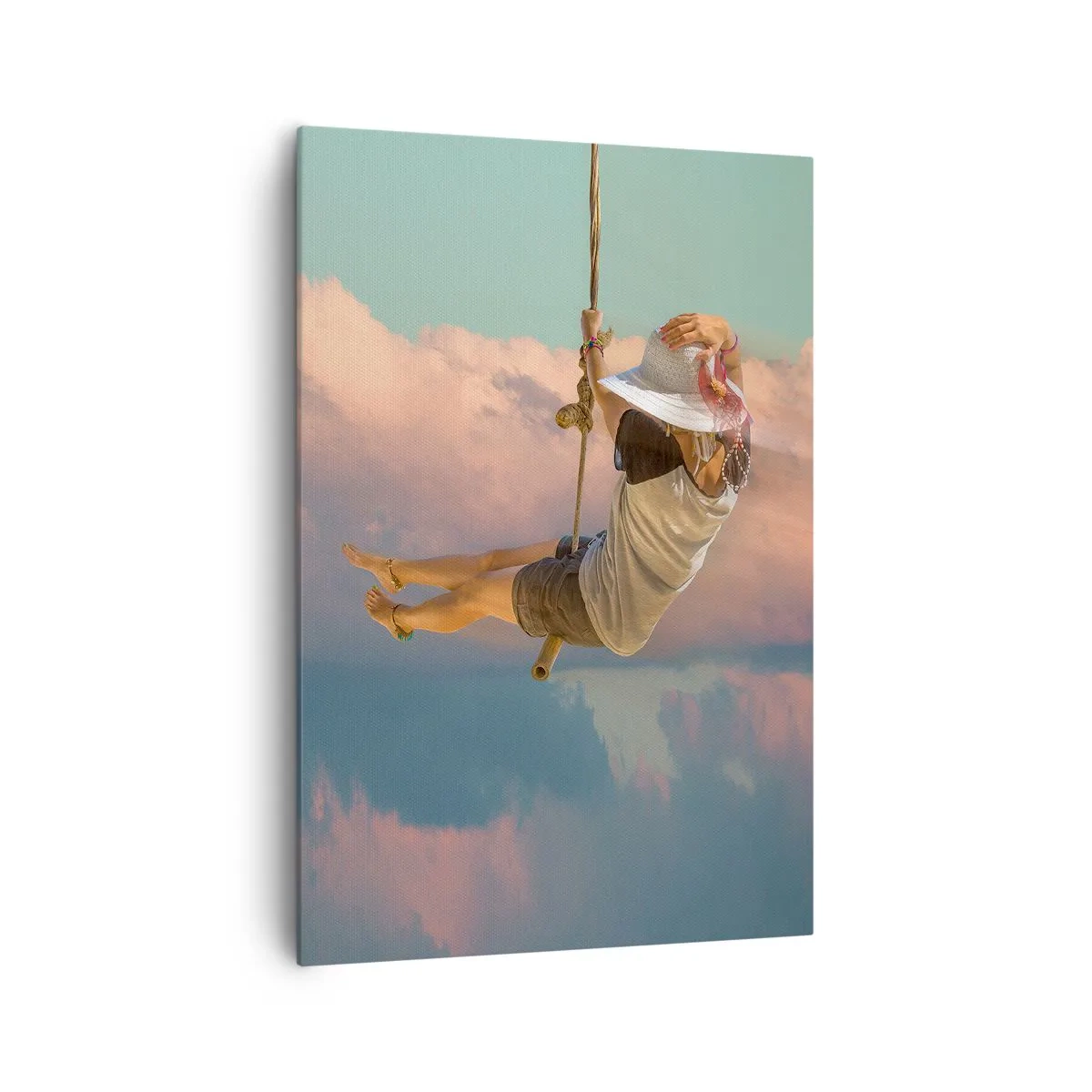 Impression sur toile - Image sur toile - Femme sur une balançoire parmi les nuages roses - 70x100cm - S'amuser dans les nuages - Décoration murale moderne pour le salon et la chambre ARTTOR