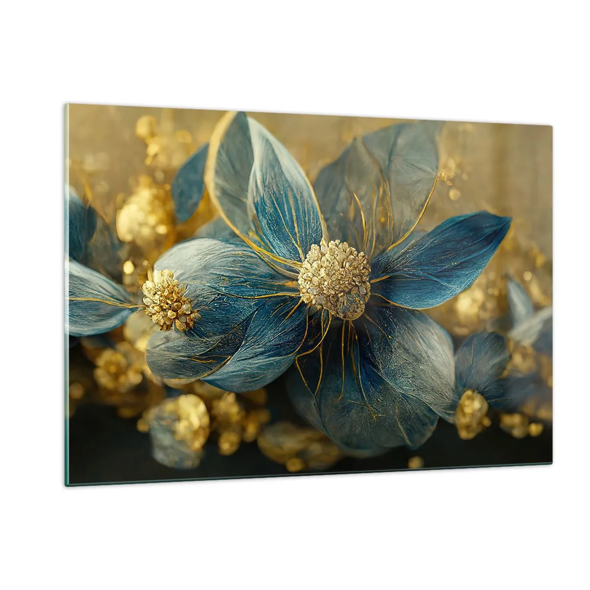 Impression sur verre - Image sur verre - Fleurs bleues et dorées avec une sensation luxueuse - 120x80cm - Fleurir avec de l'or - Décoration murale moderne pour le salon et la chambre ARTTOR