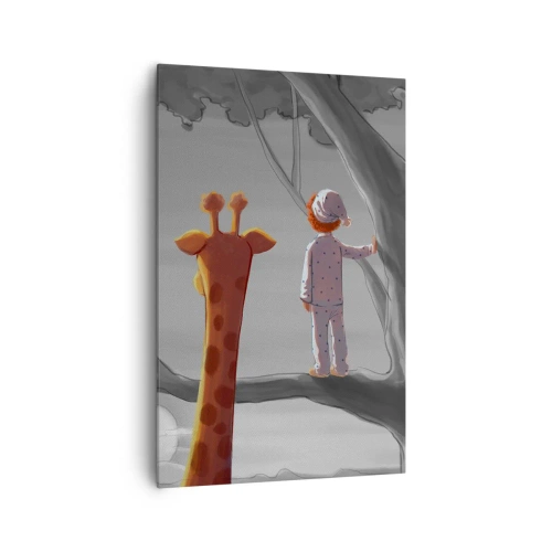 Impression sur toile - Image sur toile - Un enfant et une girafe sur une branche d'arbre dans un paysage de conte de fées - 80x120cm - Cela arrive vraiment - Décoration murale moderne pour le salon et la chambre ARTTOR