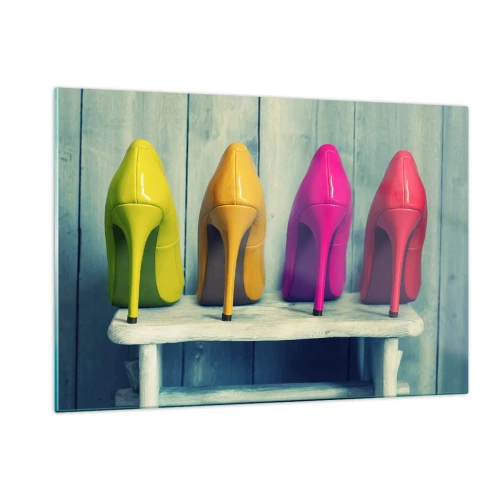 Impression sur verre - Image sur verre - Quatre épingles colorées disposées sur un banc en bois - 120x80cm - Promenade sur l'arc-en-ciel - Décoration murale moderne pour le salon et la chambre ARTTOR