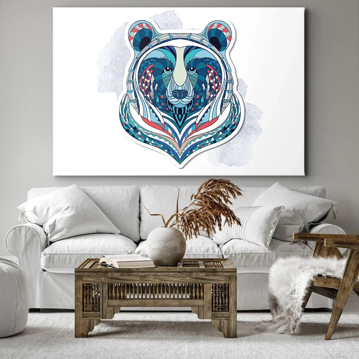 Impression sur toile - Image sur toile - Ours géométrique dans les tons bleu et rouge - 70x50cm - Vive le Groenland ! - Décoration murale moderne pour le salon et la chambre ARTTOR