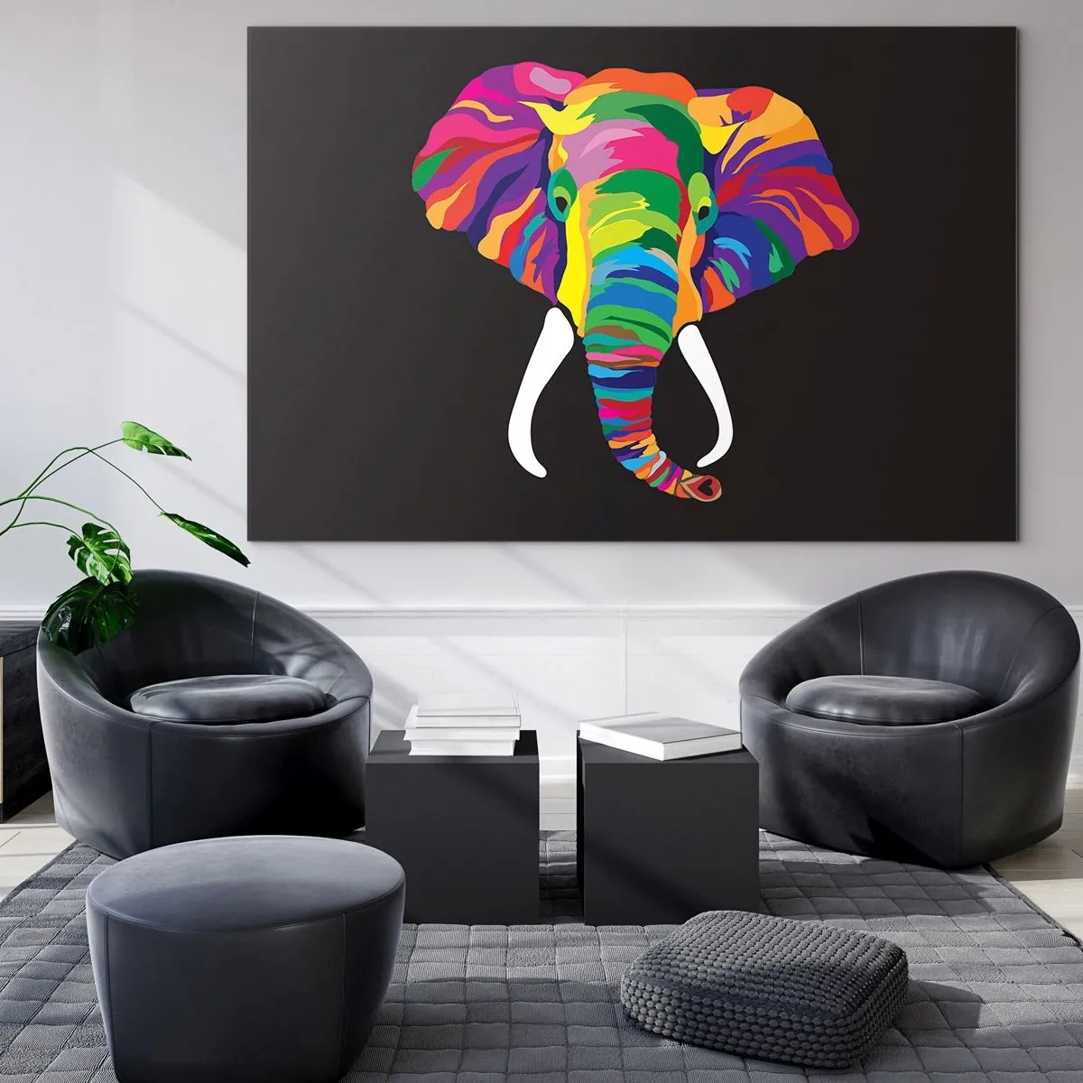 Impression sur verre - Image sur verre - Un éléphant coloré sur fond noir dans un style artistique - 70x50cm - L'éléphant qui aimait se baigner dans un arc-en-ciel - Décoration murale moderne pour le salon et la chambre ARTTOR