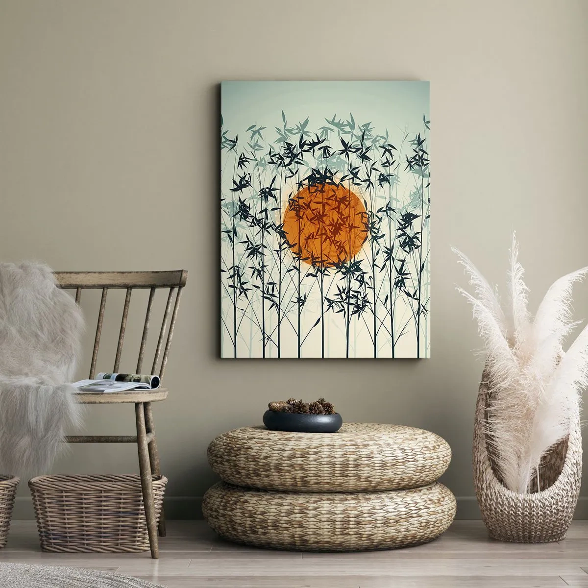 Impression sur toile - Image sur toile - Soleil orange parmi les branches de bambou - 80x120cm - Soleil japonnais - Décoration murale moderne pour le salon et la chambre ARTTOR