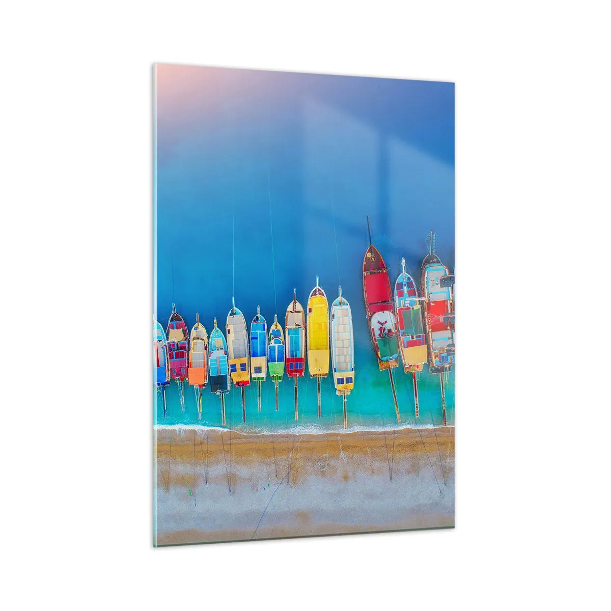 Impression sur verre - Image sur verre - Bateaux colorés sur le rivage de la mer turquoise - 50x70cm - Une vue à vol d'oiseau - Décoration murale moderne pour le salon et la chambre ARTTOR