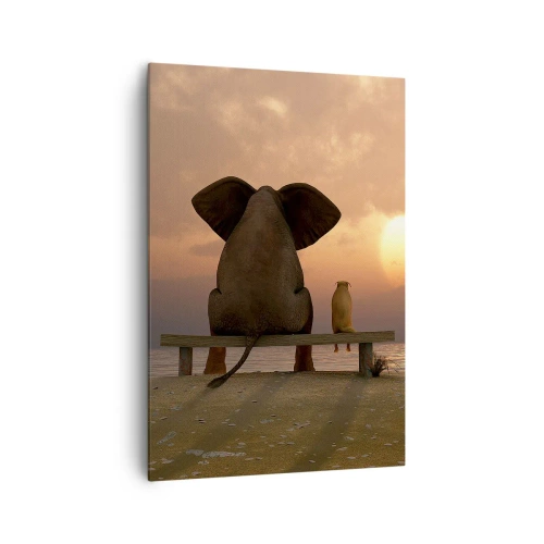 Impression sur toile - Image sur toile - Un éléphant et un chien sont assis sur un banc sur la plage au coucher du soleil. - 70x100cm - C'est bon de garder le silence ensemble - Décoration murale moderne pour le salon et la chambre ARTTOR