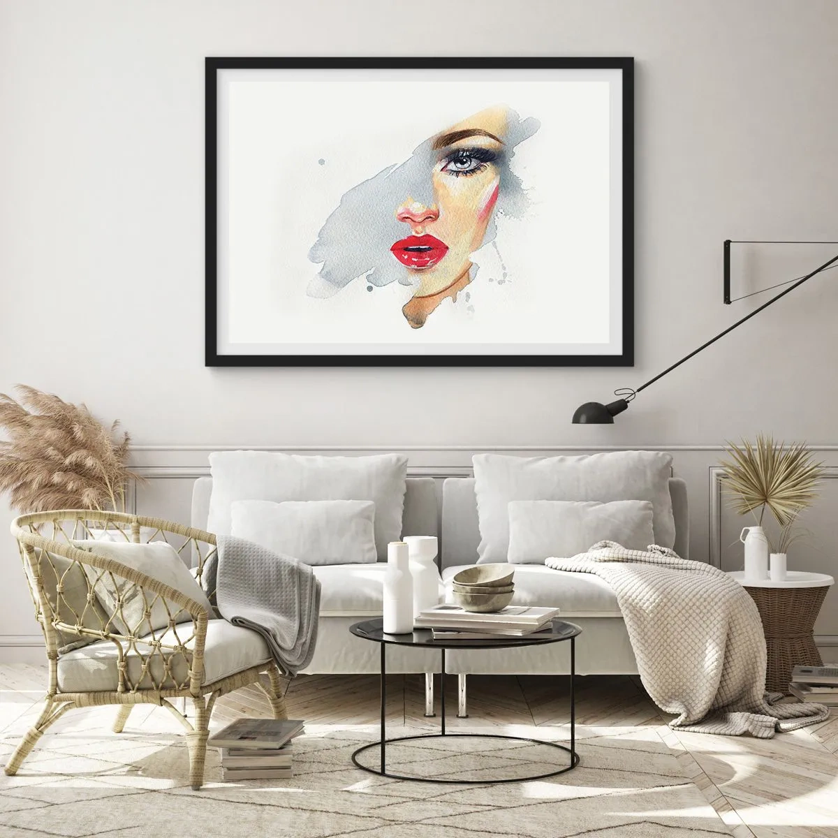 Affiche dans un cadre noir - Poster - Portrait à l'aquarelle d'une femme au regard intense. - 70x50cm - Reflet dans une goutte d'eau - Décoration murale moderne pour le salon et la chambre ARTTOR