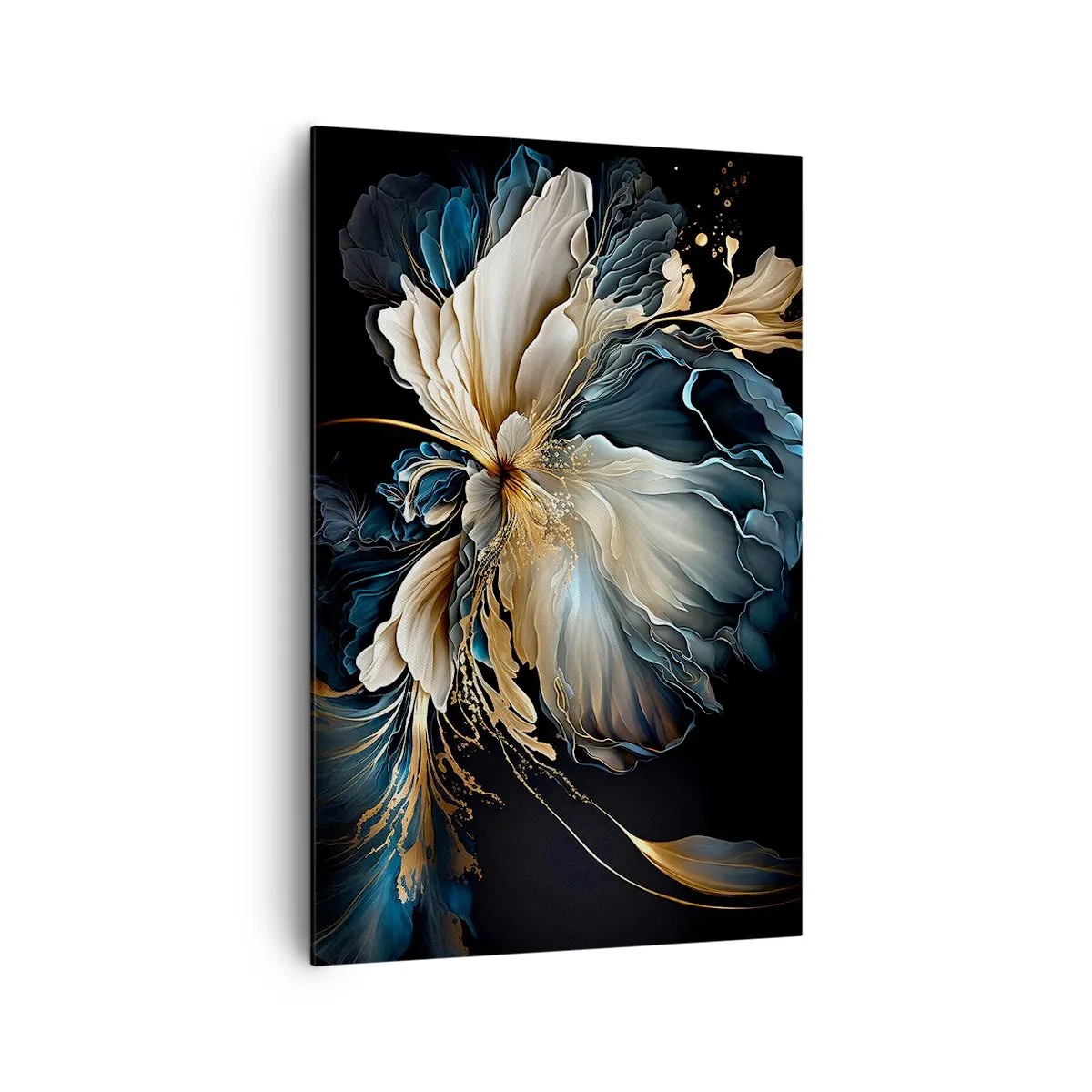 Impression sur toile - Image sur toile - Une fleur dans les tons or et bleu marine sur fond noir - 80x120cm - Fleur de fougère de conte de fées - Décoration murale moderne pour le salon et la chambre ARTTOR