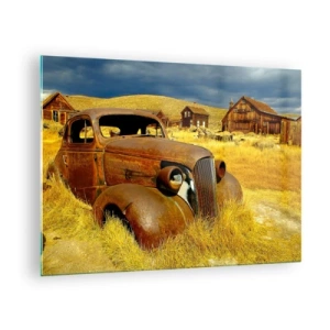 Impression sur verre - Image sur verre - Une voiture ancienne sur fond de village désert - 70x50cm - Repos bien mérité - Décoration murale moderne pour le salon et la chambre ARTTOR