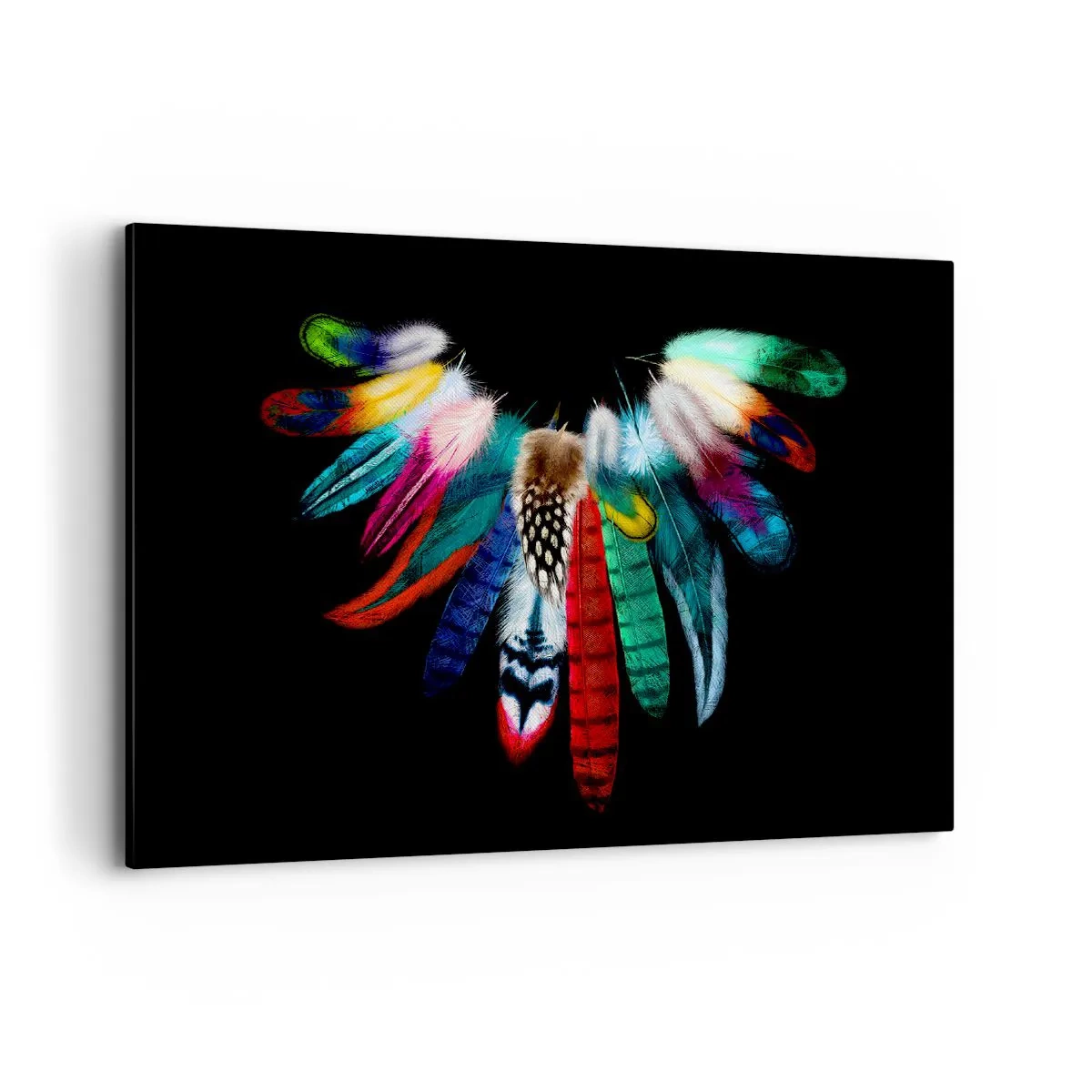 Impression sur toile - Image sur toile - Plumes colorées sur fond noir dans une composition artistique - 100x70cm - Collier indien - Décoration murale moderne pour le salon et la chambre ARTTOR