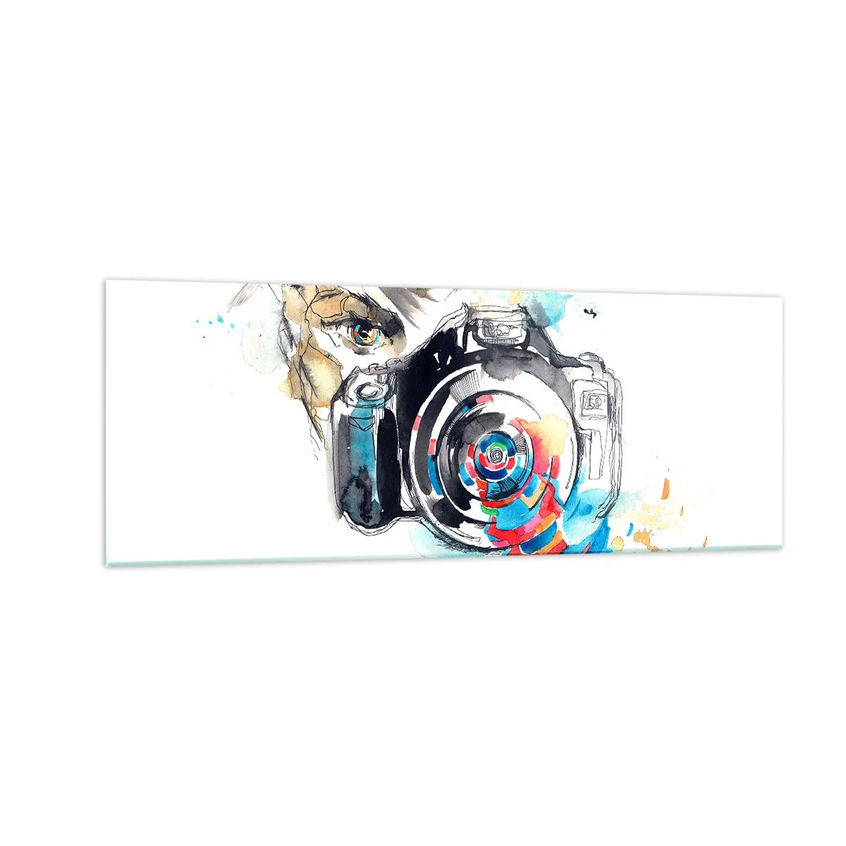 Impression sur verre - Image sur verre - Appareil photo aquarelle avec des détails colorés - 140x50cm - Dans l'oeil de l'objectif - Décoration murale moderne pour le salon et la chambre ARTTOR