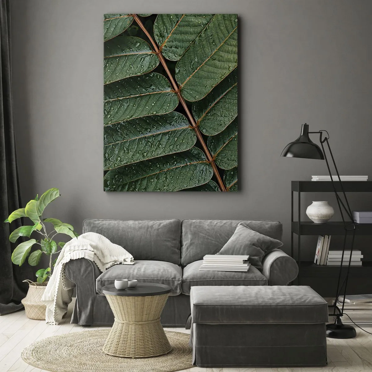 Impression sur toile - Image sur toile - Macro shot de feuilles vertes avec des gouttes de rosée - 50x70cm - Au rythme de la verdure - Décoration murale moderne pour le salon et la chambre ARTTOR