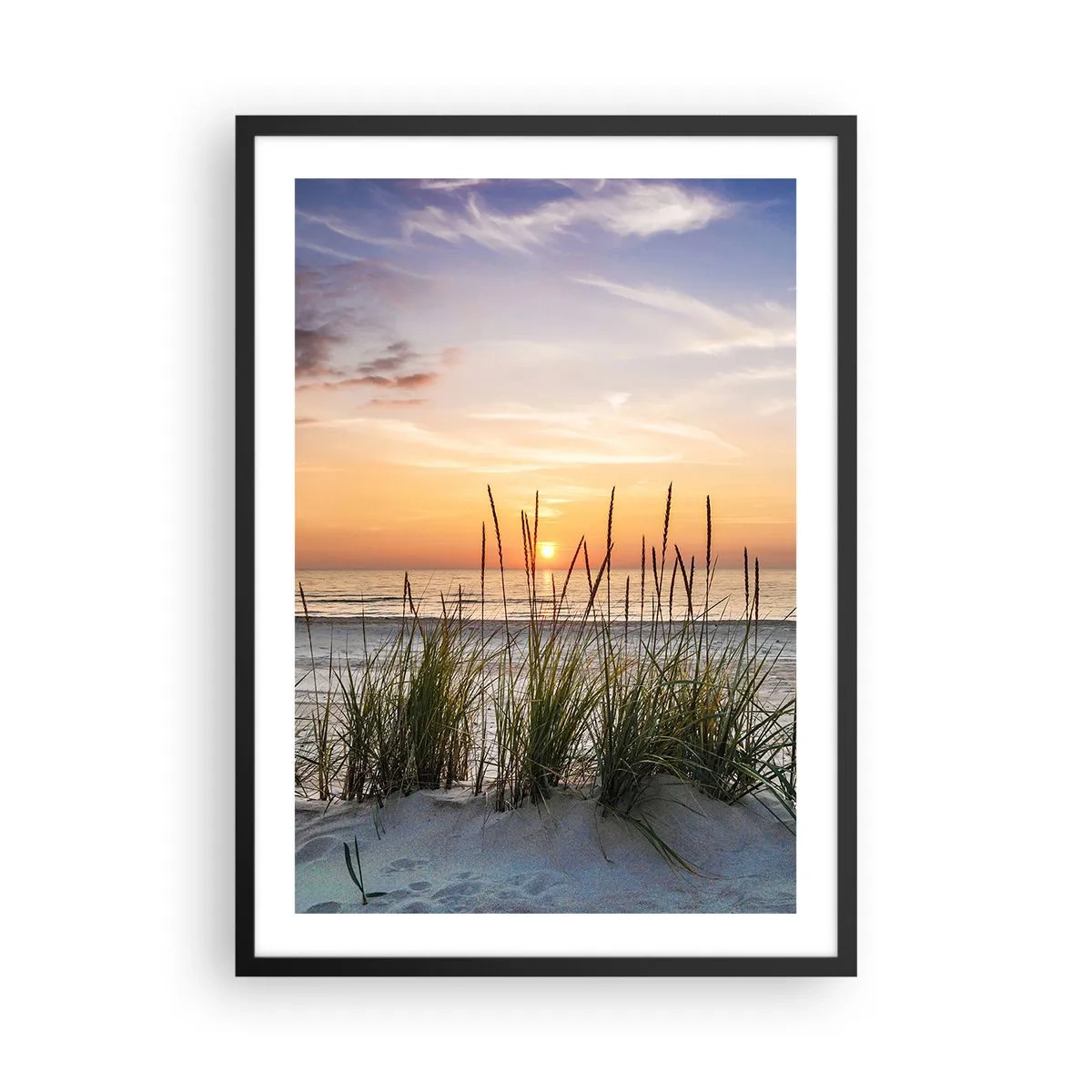 Affiche dans un cadre noir - Poster - Plage avec végétation au lever du soleil - 50x70cm - Regarde, pense, ressent - Décoration murale moderne pour le salon et la chambre ARTTOR