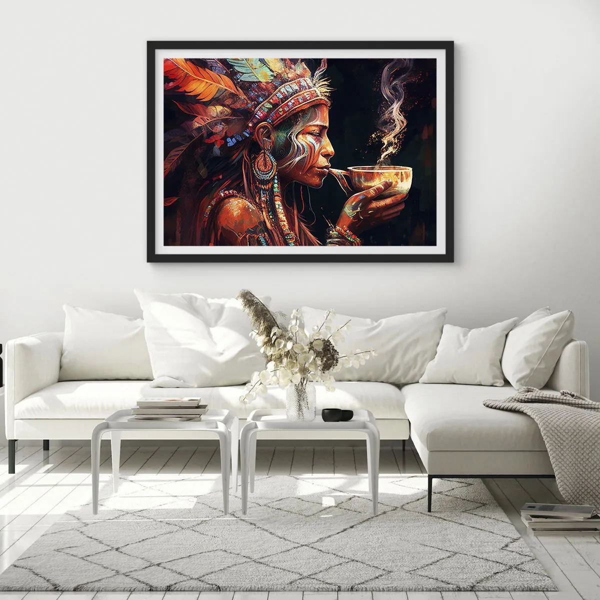Affiche dans un cadre noir - Poster - Une figure colorée de style ethnique avec une tasse de boisson fumante - 70x50cm - Rituel magique - Décoration murale moderne pour le salon et la chambre ARTTOR